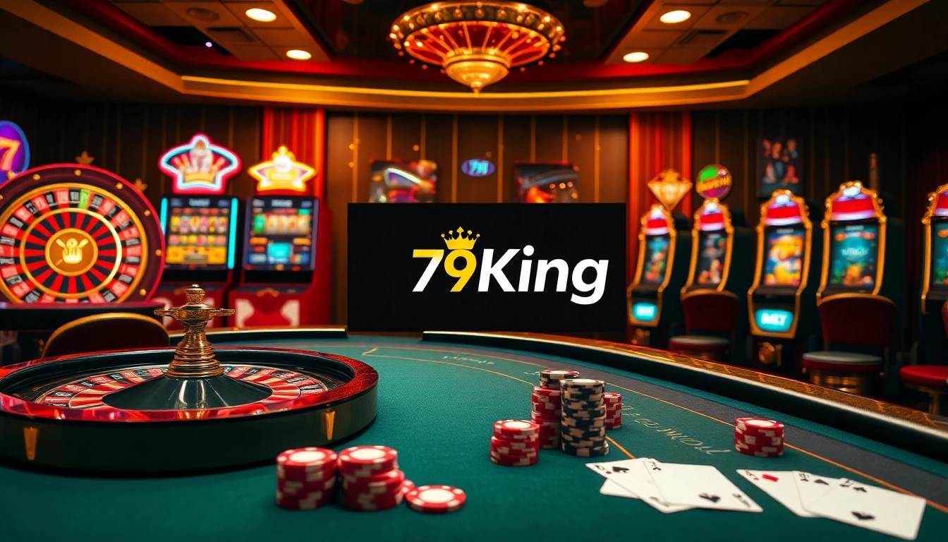 Experience thrilling gameplay at 79King with vibrant slot machines and a roulette wheel