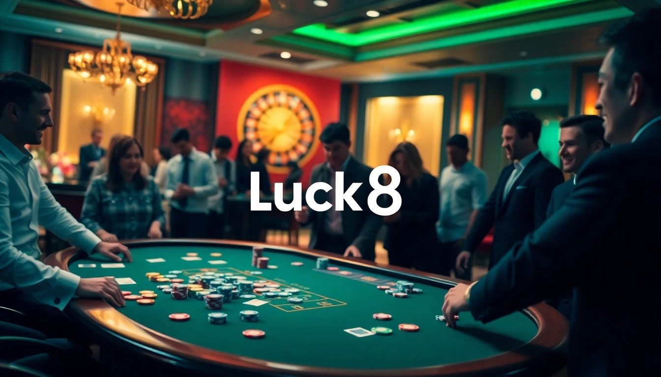 Experience an exciting poker game scene at Luck8 casino, showcasing vibrant chips and cards.
