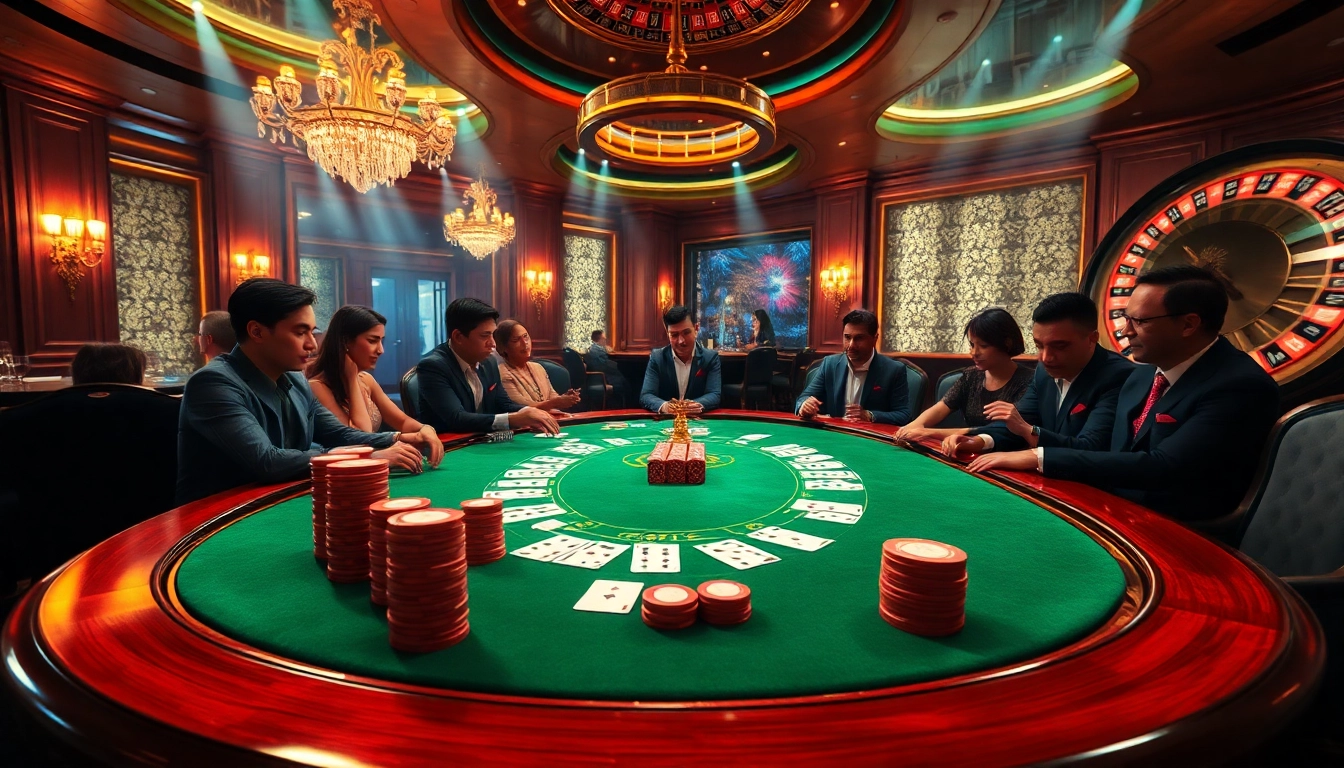 Engaging scene of high-stakes poker at a casino showcasing https://98win3h.blog with vibrant colors and luxury.