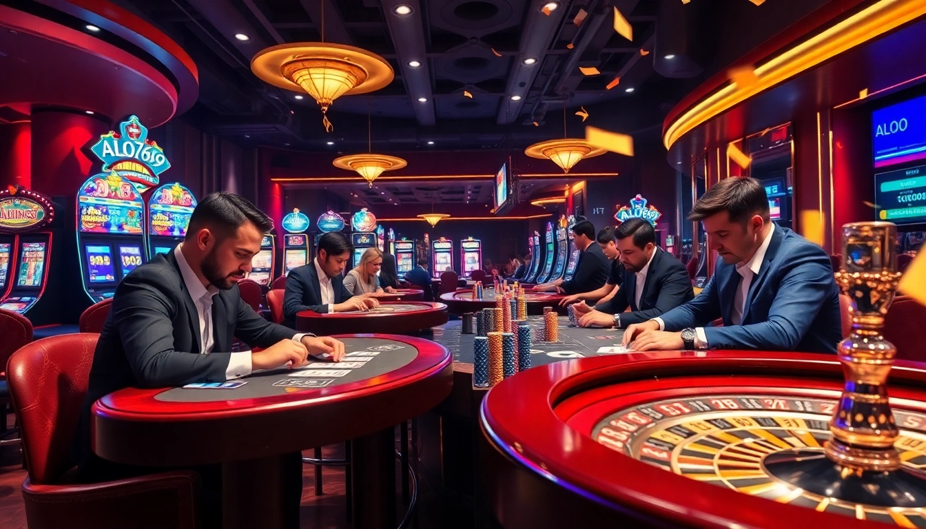 Engage in thrilling poker gameplay at ALO789 with vibrant atmosphere and luxurious casino elements.