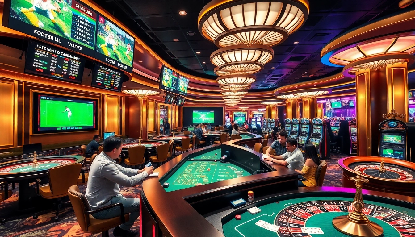 Experience the excitement as players review tỷ lệ kèo bet88 at a bustling sports betting table in a luxury casino atmosphere.