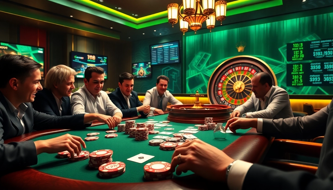 Players enjoy an exciting game of poker at Luck8's luxurious casino table, showcasing vibrant chips and cards.