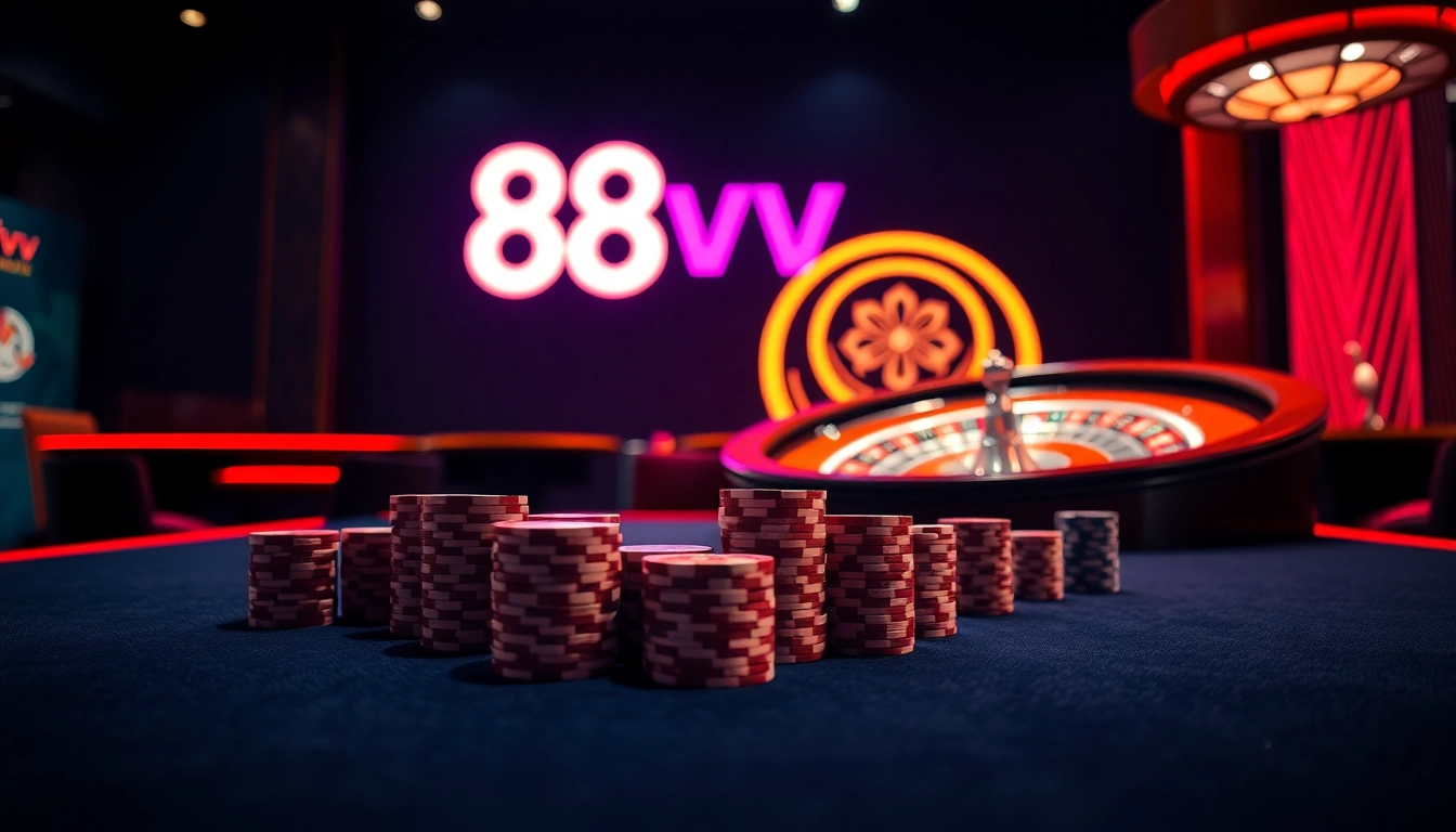 Experience thrilling gameplay with 88vv's luxury casino environment showcasing poker chips and roulette.