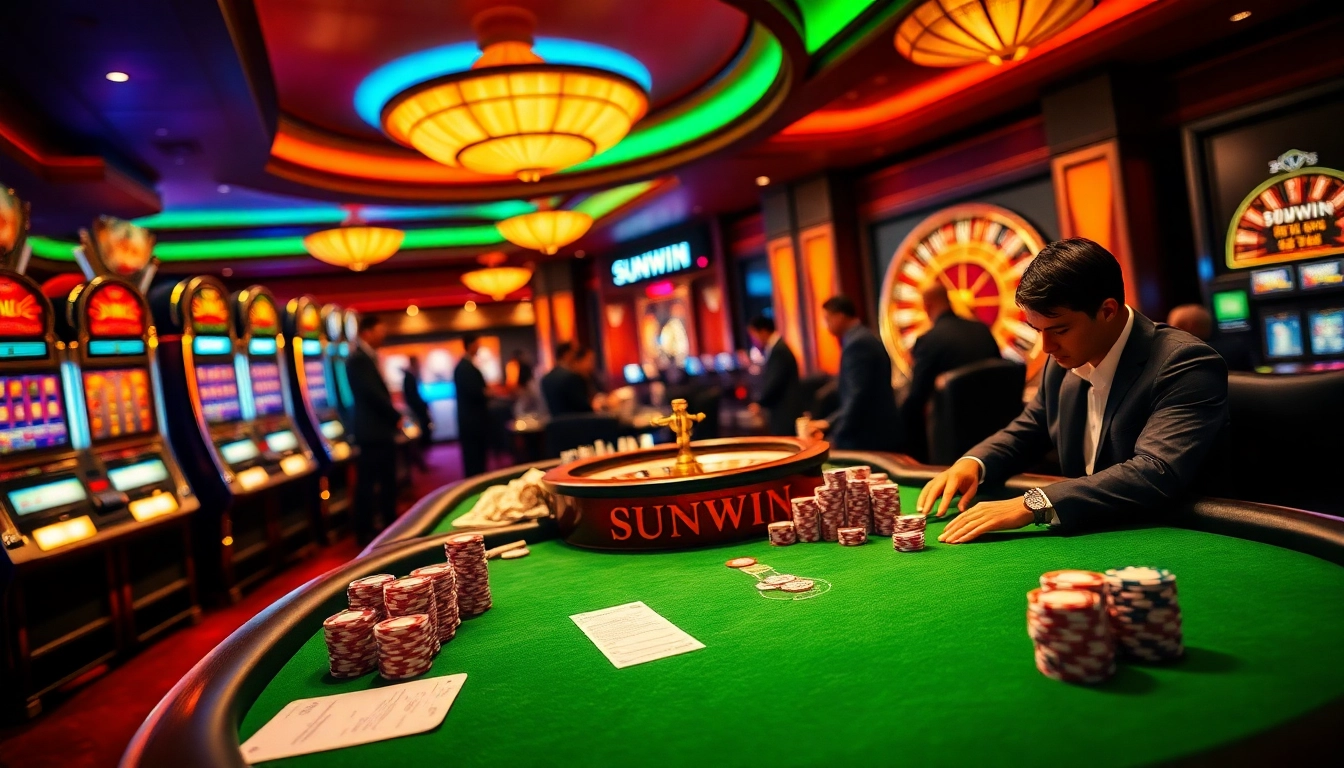 Experience the luxury of SUNWIN gaming with vibrant casino action, featuring poker tables and slot machines.