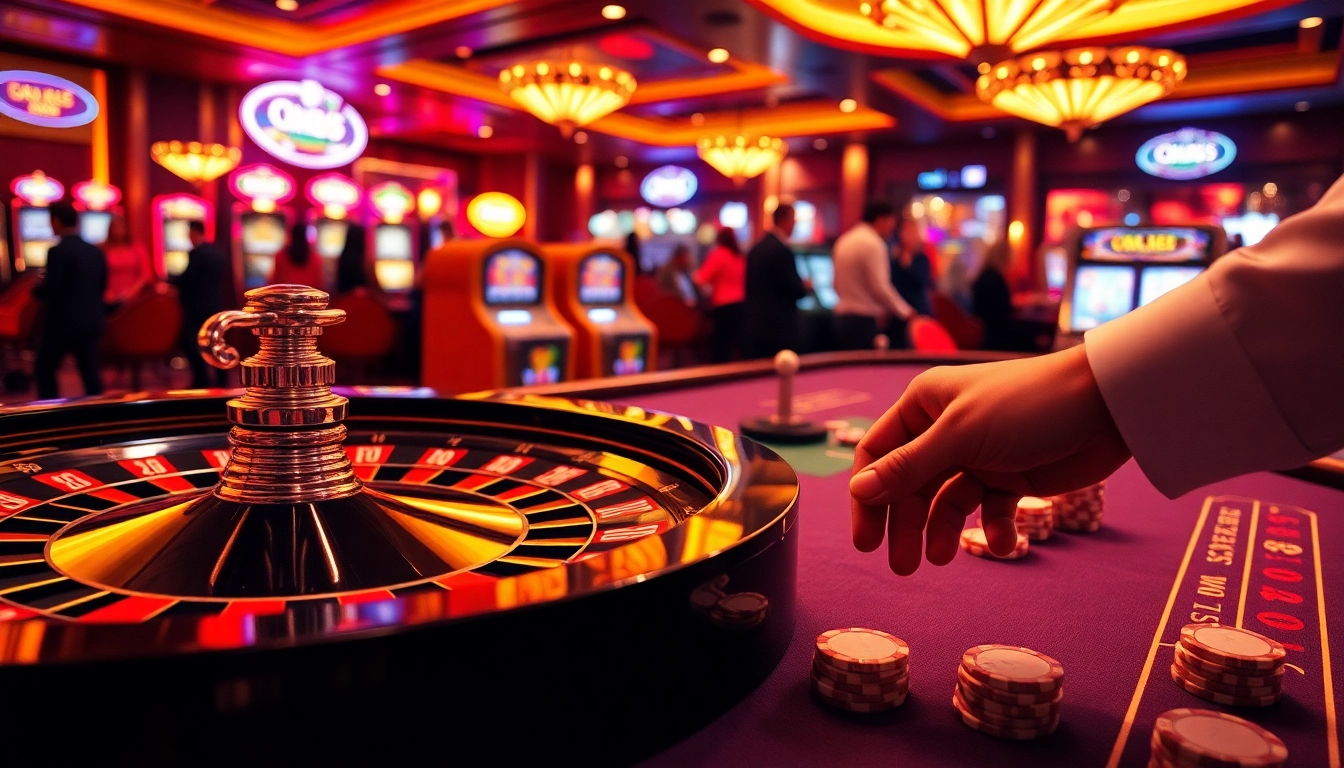 Experience thrilling gameplay at OK365 com featuring a vibrant casino atmosphere with poker chips and roulette wheels.