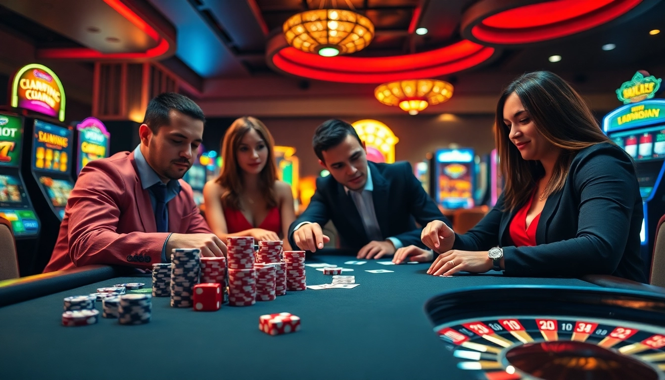 Exciting players enjoying game rikvip at a vibrant casino table with colorful poker chips.