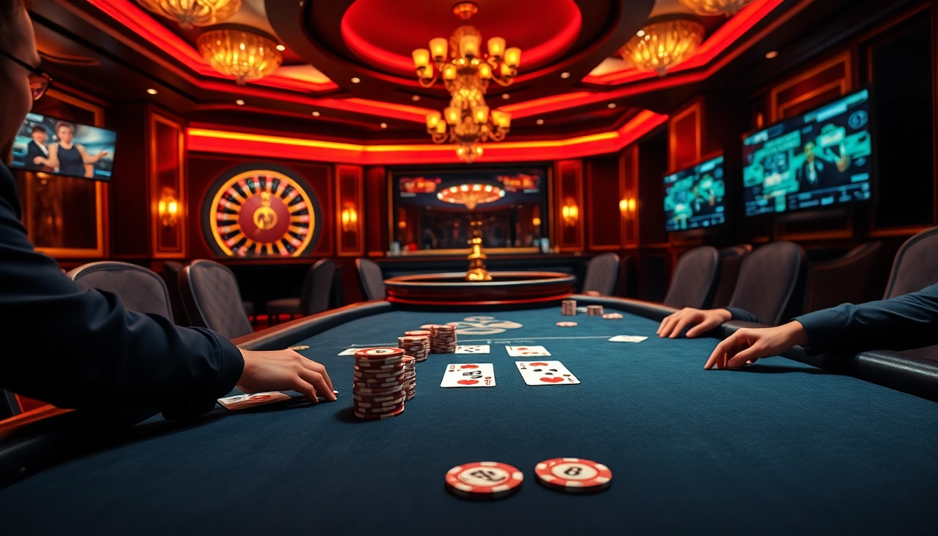 Experience thrilling ABC8 poker gameplay at a luxurious casino, featuring engaging players and vibrant ambiance.