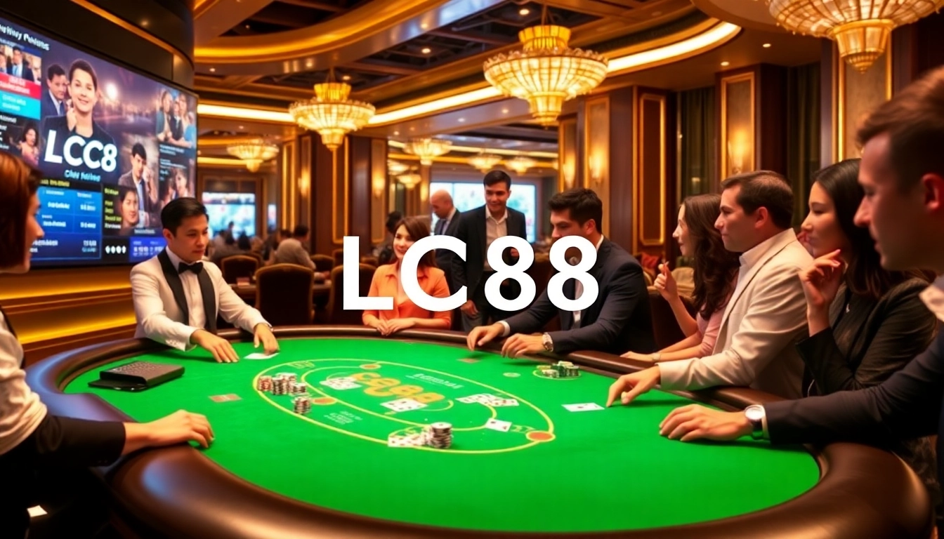 Experience the thrill at LC88 casino table featuring poker chips and cards in action.