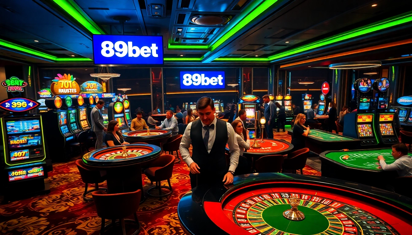 Experience the thrill of victory at the 89bet casino with vibrant slot machines and engaged players.