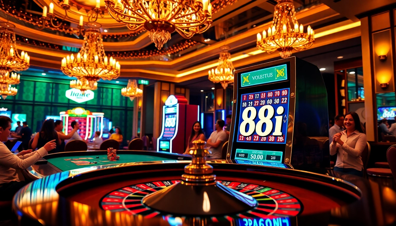 Gambling scene with roulette and slot machine 88i, showcasing thrilling wins and excitement.