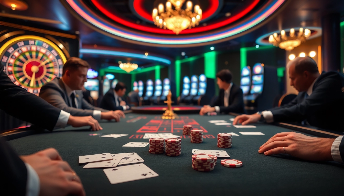 Players strategizing at a poker table in a lively casino scene showcasing dh88 com.