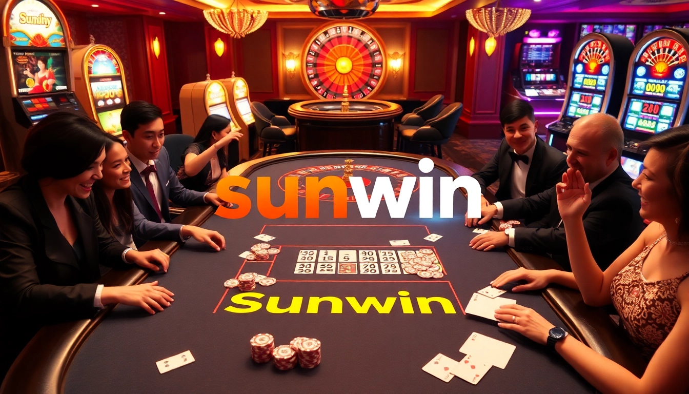 Players enjoying a high-stakes game at the Sunwin poker table, capturing the excitement of gambling.