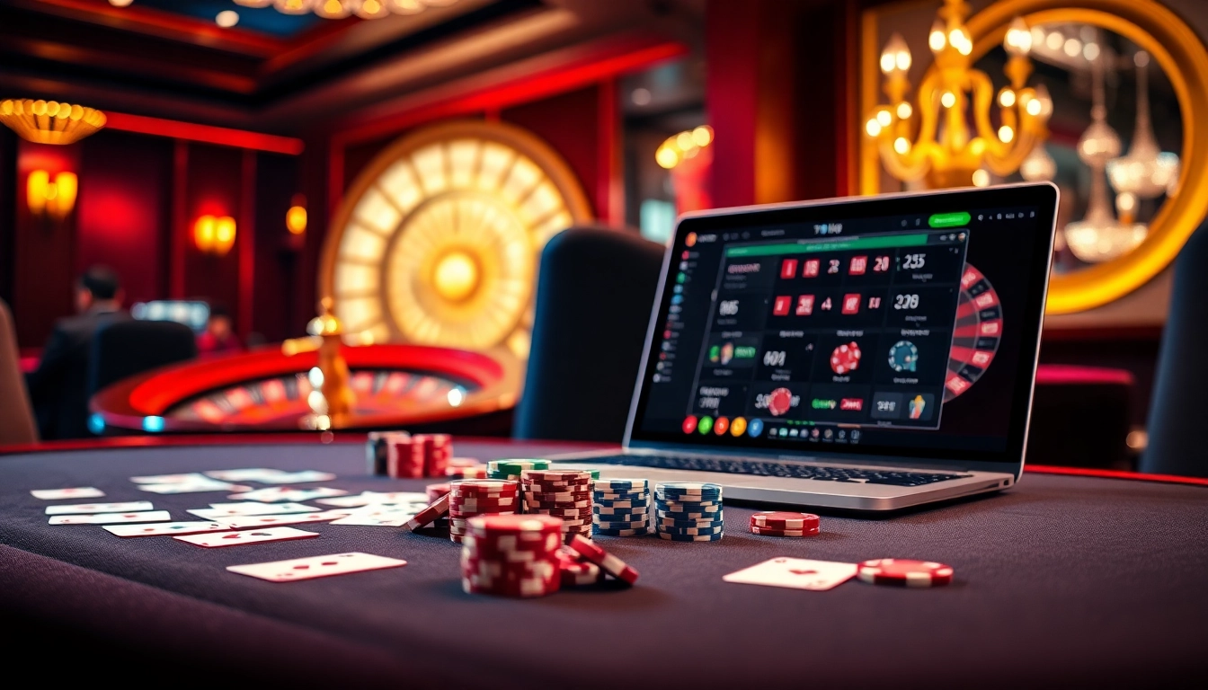 Engaging casino scene showcasing poker chips and an online interface for 79KING gaming excitement.