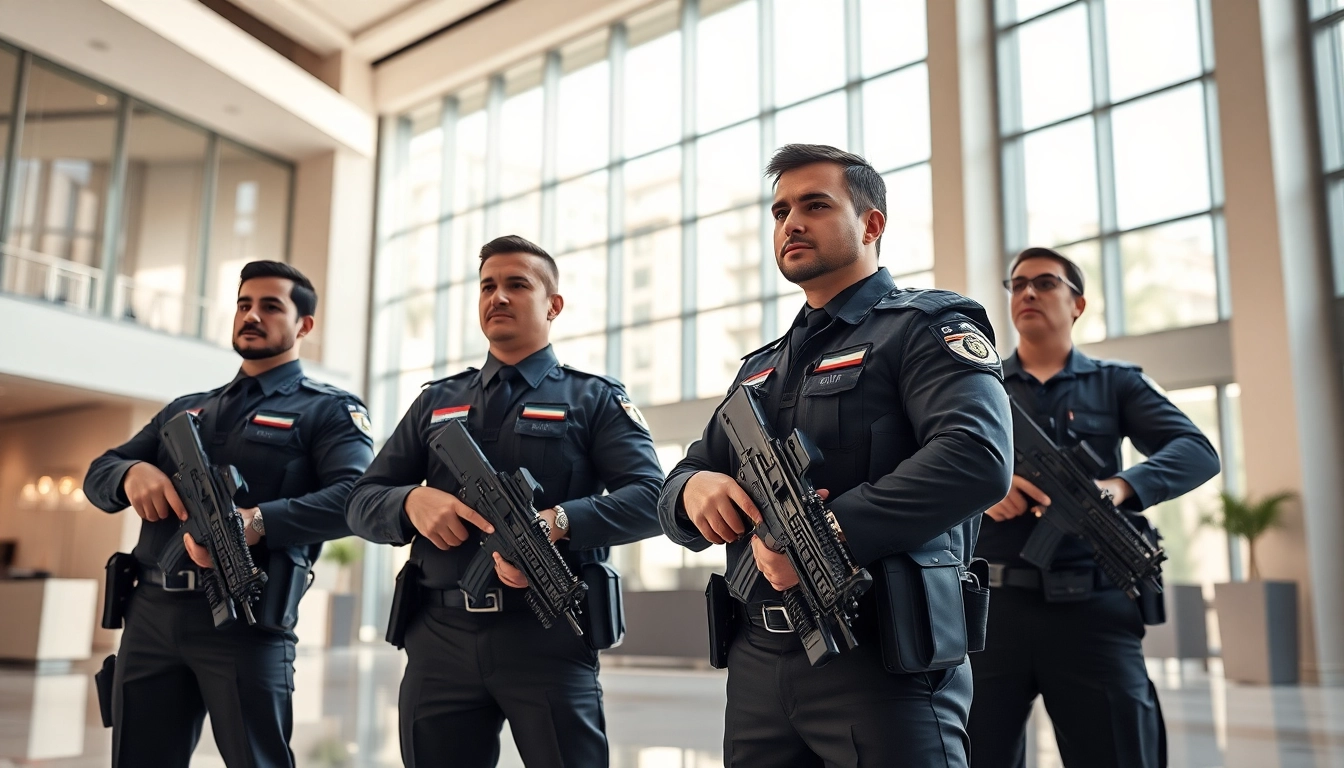 Armed private security team ensuring safety in a corporate lobby