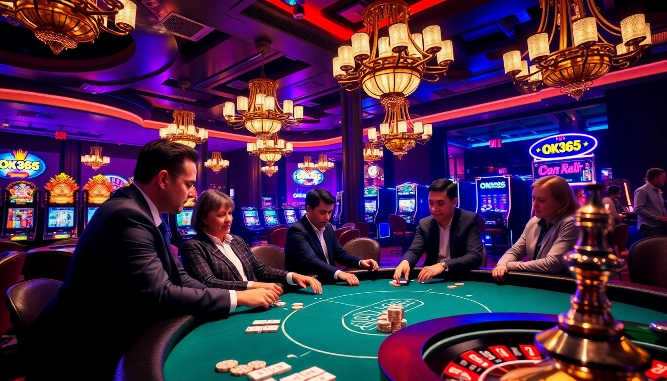 Players enjoying a high-stakes poker game at OK365 casino, showcasing excitement and luxury.