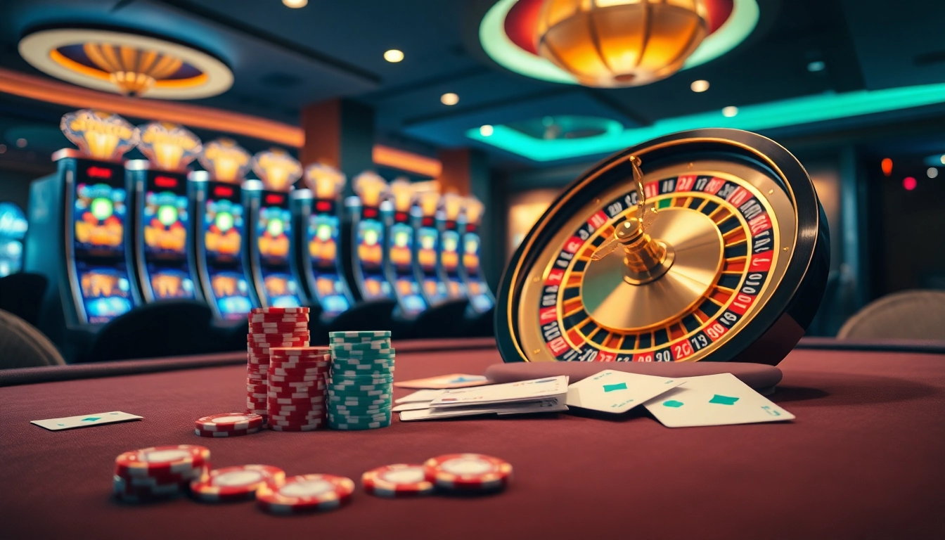 Experience thrilling gameplay at KP88 com with a luxurious casino table featuring poker chips and a spinning roulette wheel.