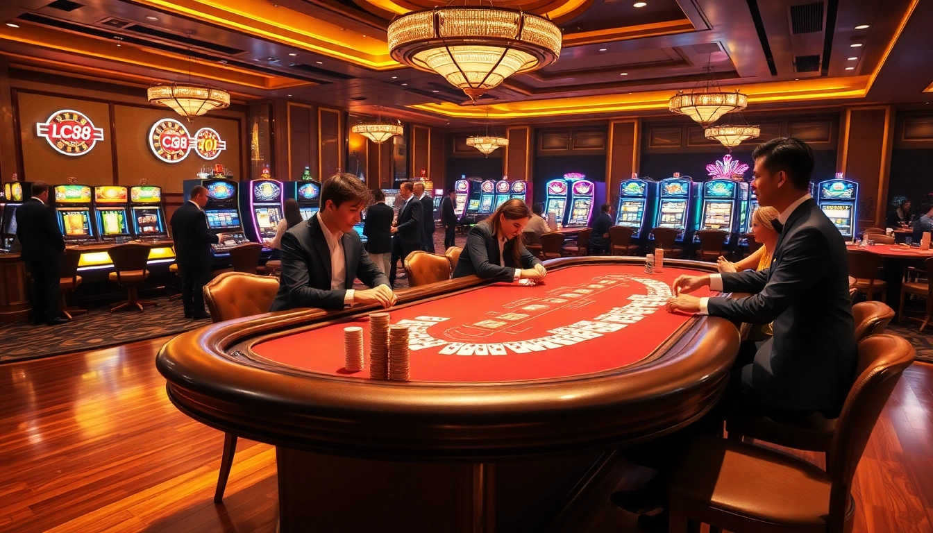 Engaged players at an LC88-themed casino table amid vibrant gaming elements