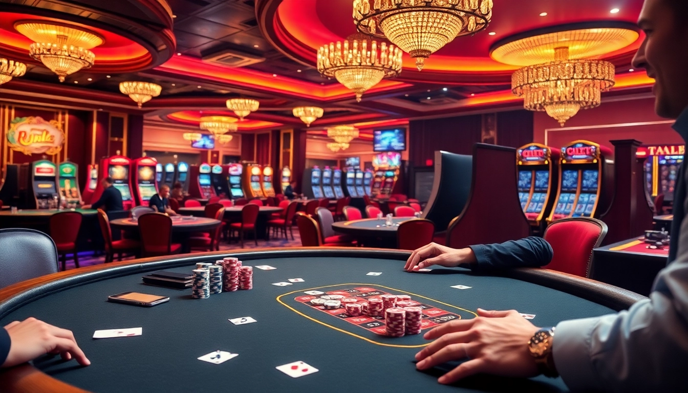 Players enjoy a thrilling poker game showcasing win55 strategies with vibrant casino elements.