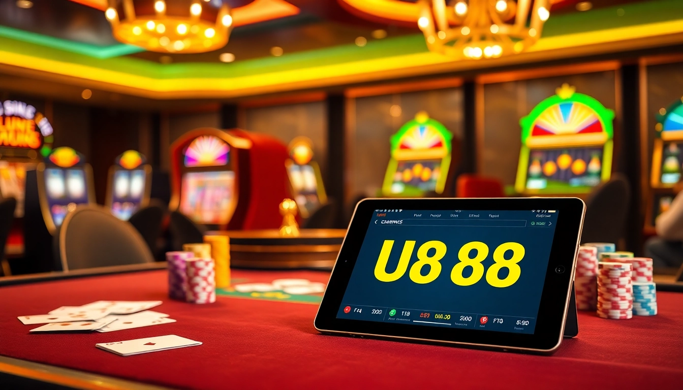 Engaging scene of luxury casino with high-stakes poker at UU 88, vibrant chips, and roulette.
