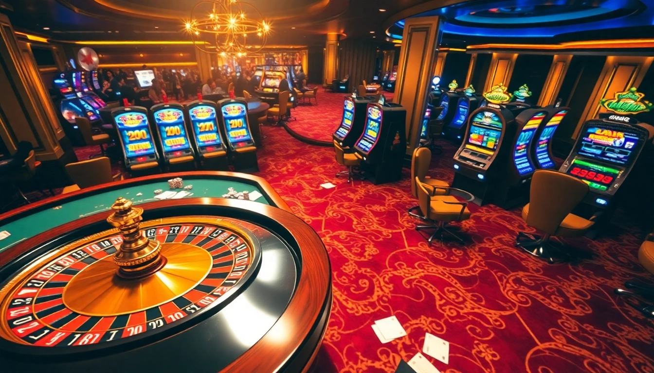 Experience high-stakes fun at Fb88 with vibrant casino tables, chips, and roulette setups.