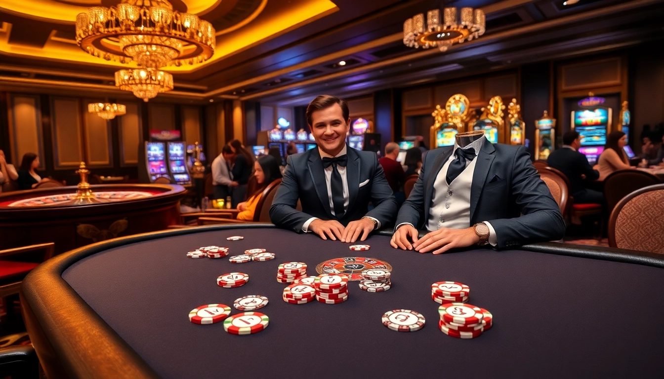 Players enjoying a thrilling game of poker at THA BET casino, showcasing vibrant chips and a roulette wheel.