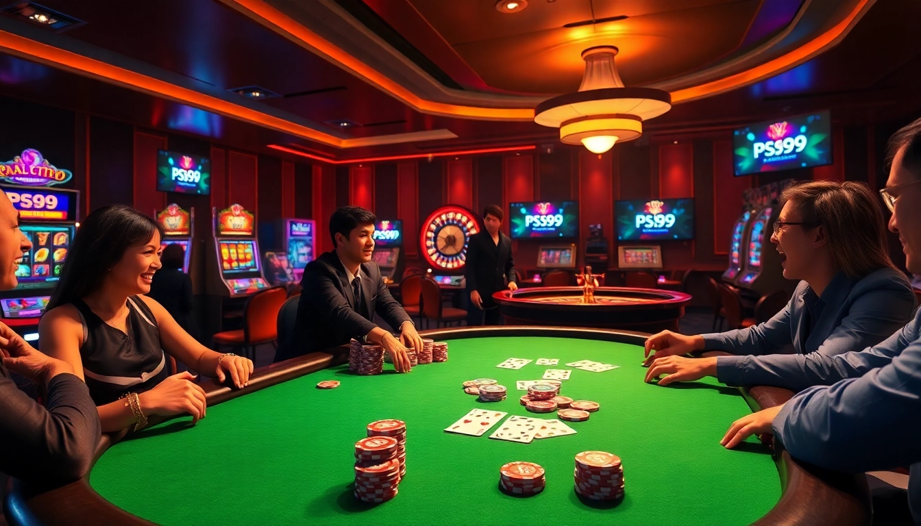 Excited players at a luxurious poker table with vibrant elements representing link PS99 and online gaming interfaces.