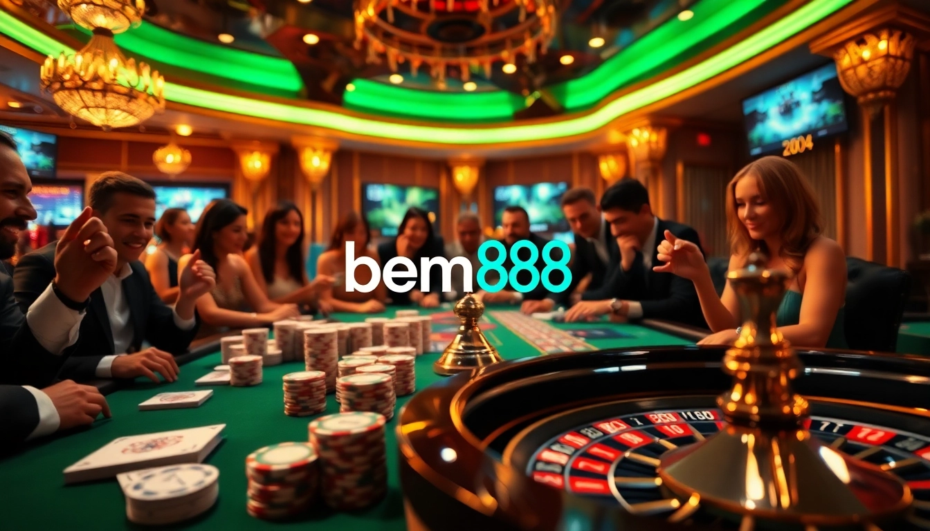 Players engaging in a thrilling game at a luxurious bem88 casino table, featuring poker chips and cards.