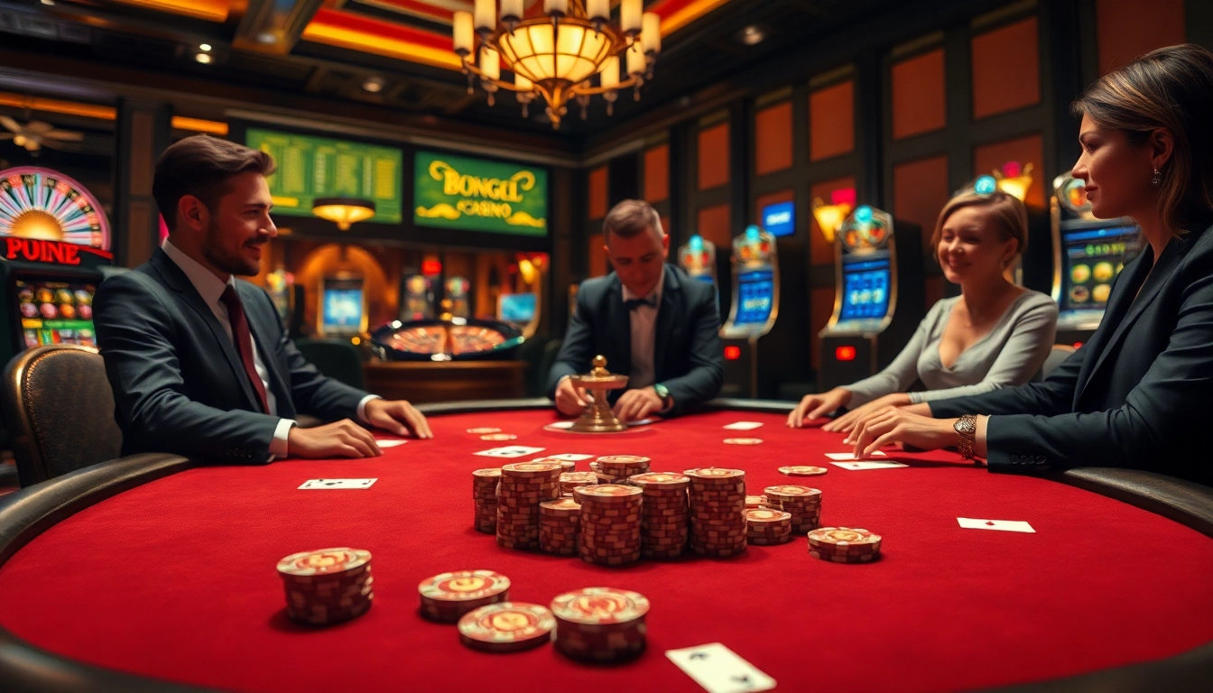 KJC players enjoying an exciting poker game with premium chips and cards at a luxury casino.