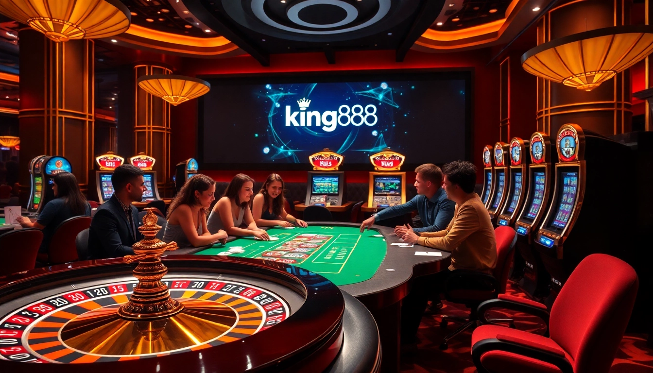 Experience the thrill of king888 with poker tables and roulette wheels in a vibrant casino atmosphere.