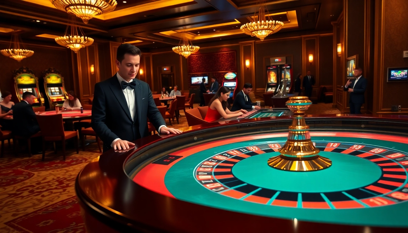 Experience thrilling games at okfun com’s luxury casino setup with roulette and card tables.