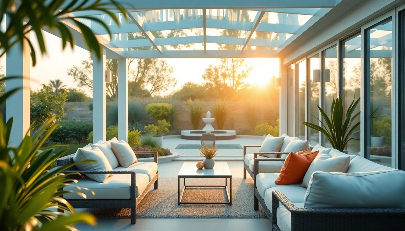 Stylish glass patio enclosures surrounded by greenery, enhancing outdoor living spaces.
