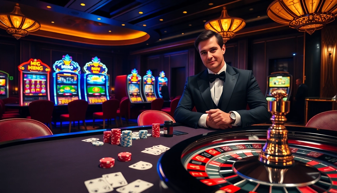 Experience the excitement of mb 88 in a lively casino scene with poker chips and vibrant slot machines.