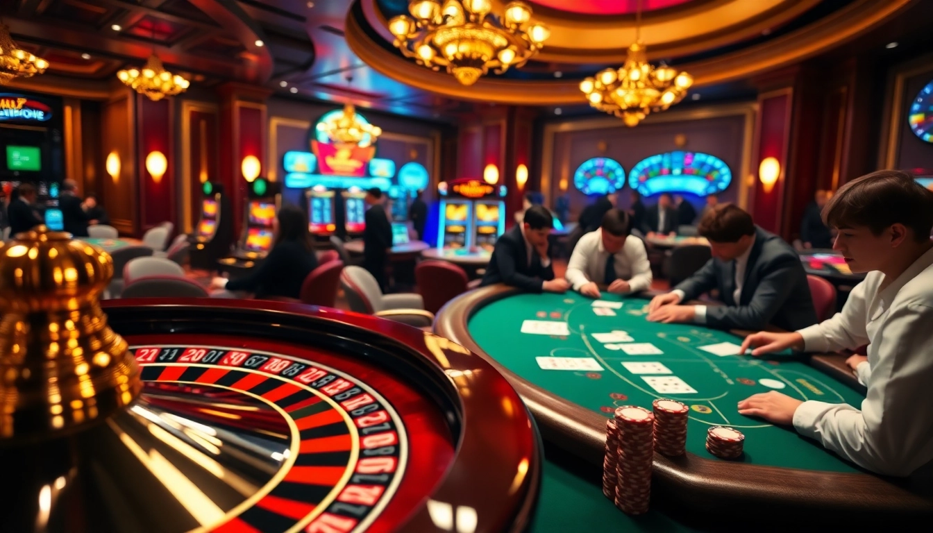 Engaging players enjoying a poker game with https://vj88.com/ showcasing luxurious casino aesthetics.