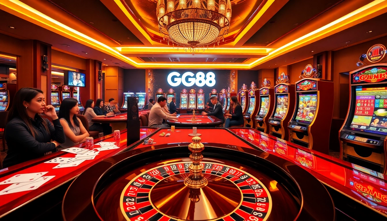 Experience the excitement of GG88 with vibrant casino tables and captivating slot machines.