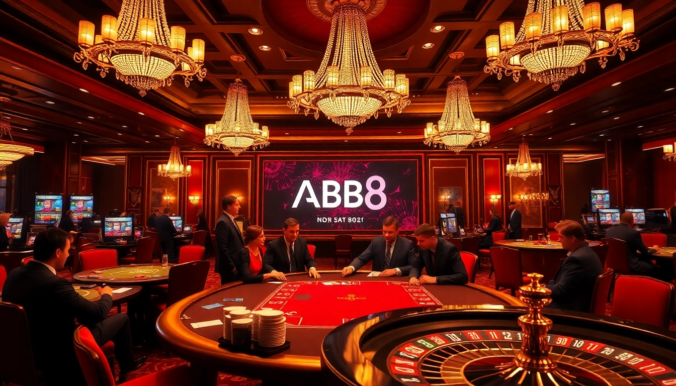 Action-packed poker scene in a luxury casino with ABC8 branding present.