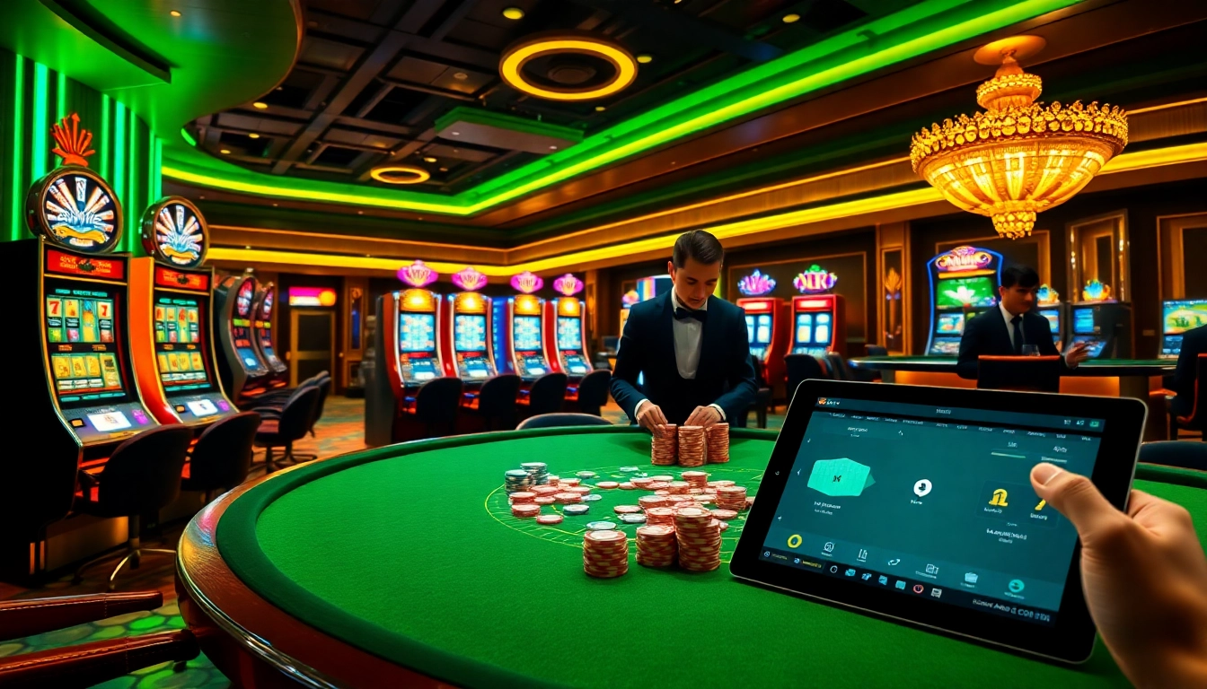 Exciting casino scene at 789CLUB featuring vibrant game action on tables and slot machines.