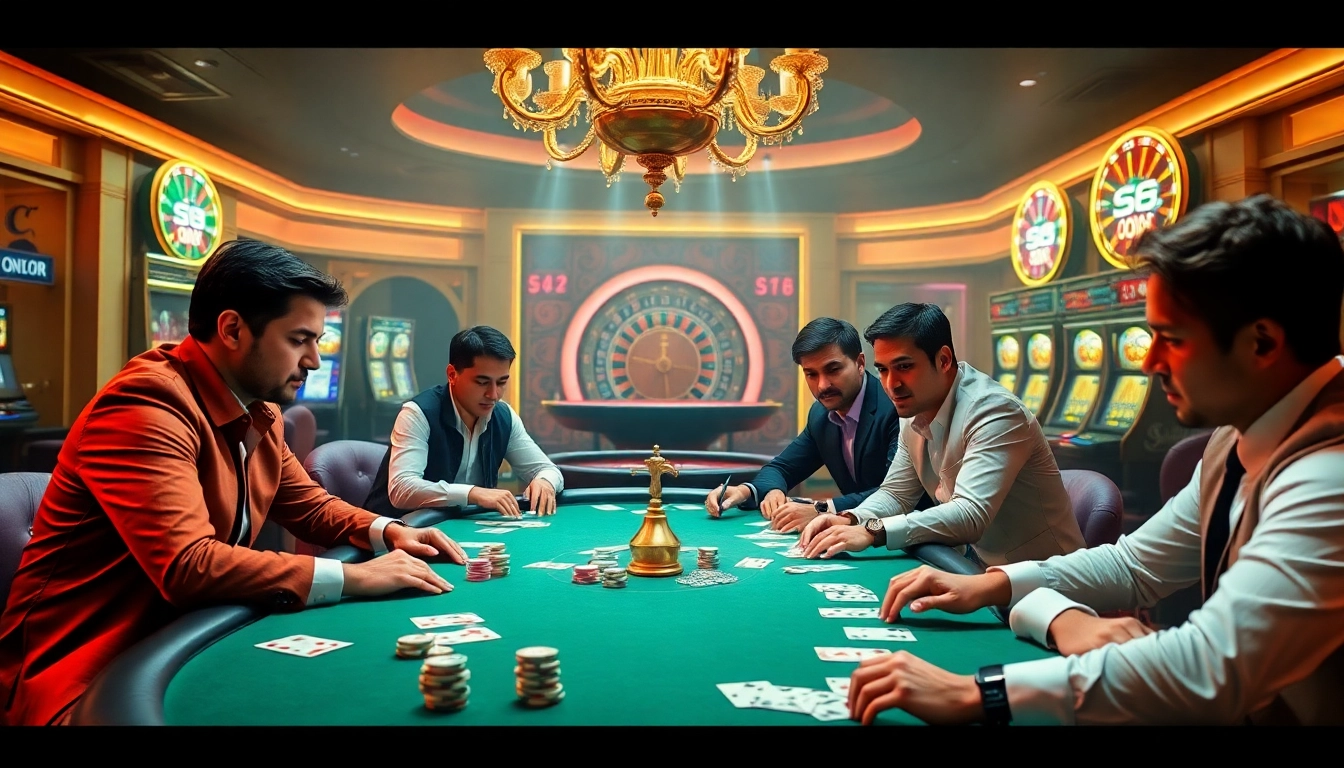 Engaged players at a high-stakes poker table, immersed in the thrill of S8 casino gameplay.