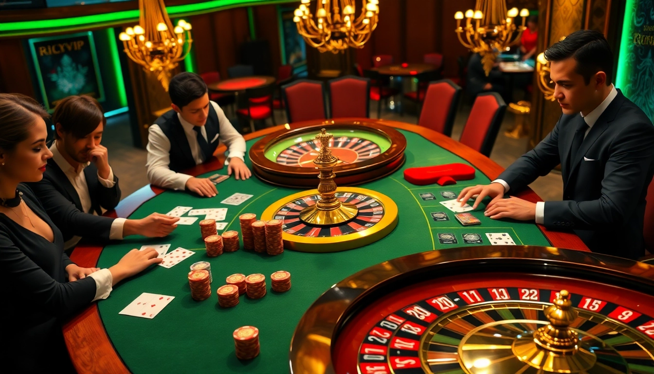 Players strategizing at a poker table in a rich, vibrant casino setting highlighting rikvip.