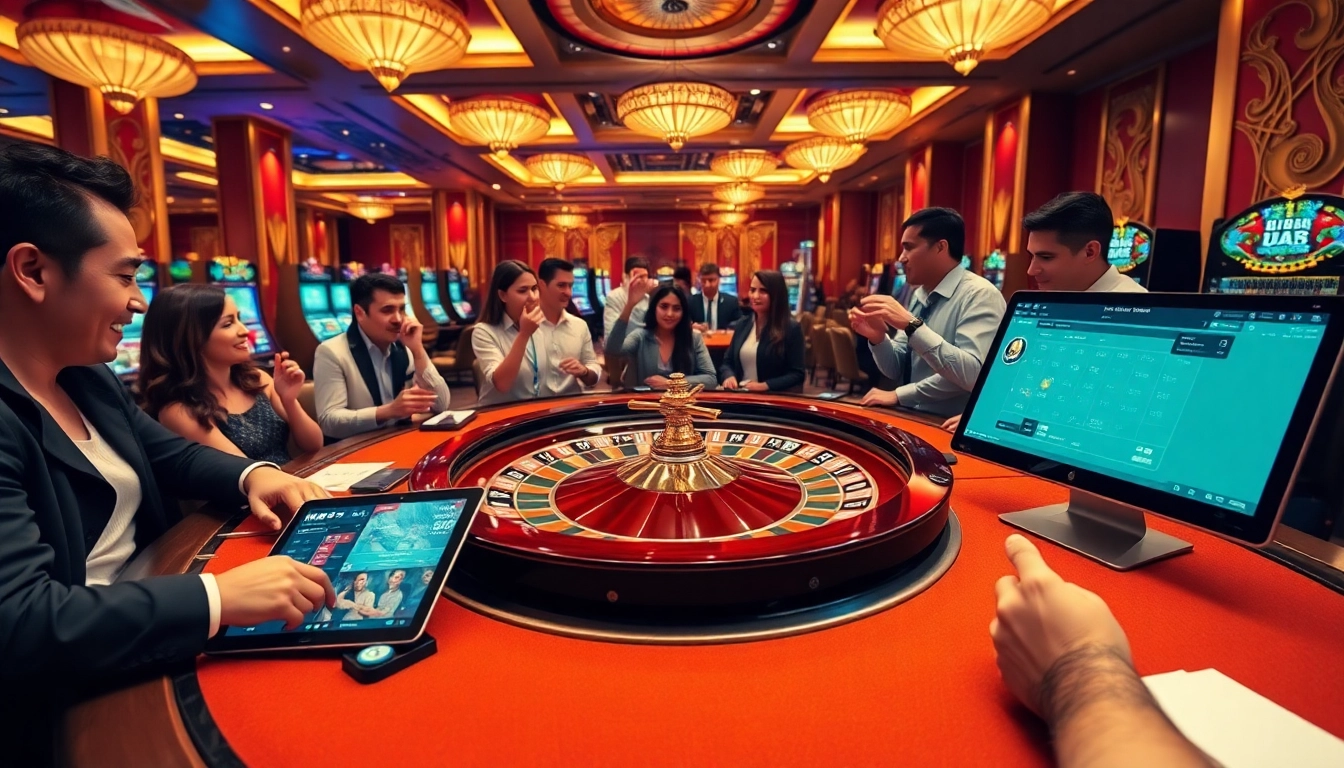 MM88 casino players enjoying poker and roulette with vibrant slot machines in luxurious surroundings.