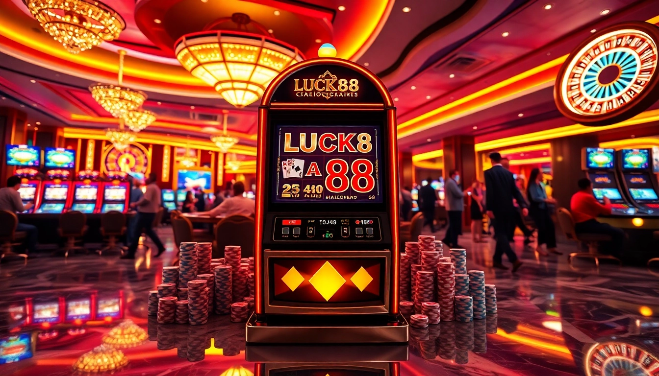 Experience the thrill of playing the LUCK88 slot machine amid vibrant casino excitement and luxury.