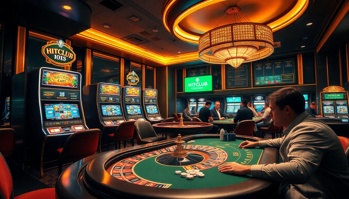 HITCLUB players enjoying a luxurious casino experience with vibrant slot machines and poker tables.