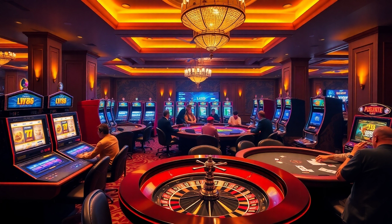 Players strategizing at LV88 themed casino tables with vibrant slot machines.