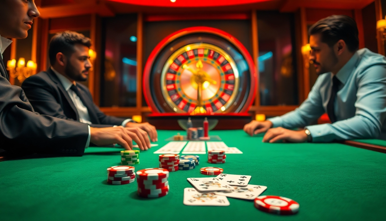 Engage in a thrilling poker game at https://kuwinblog.com/, showcasing high-stakes action amidst luxurious casino decor.