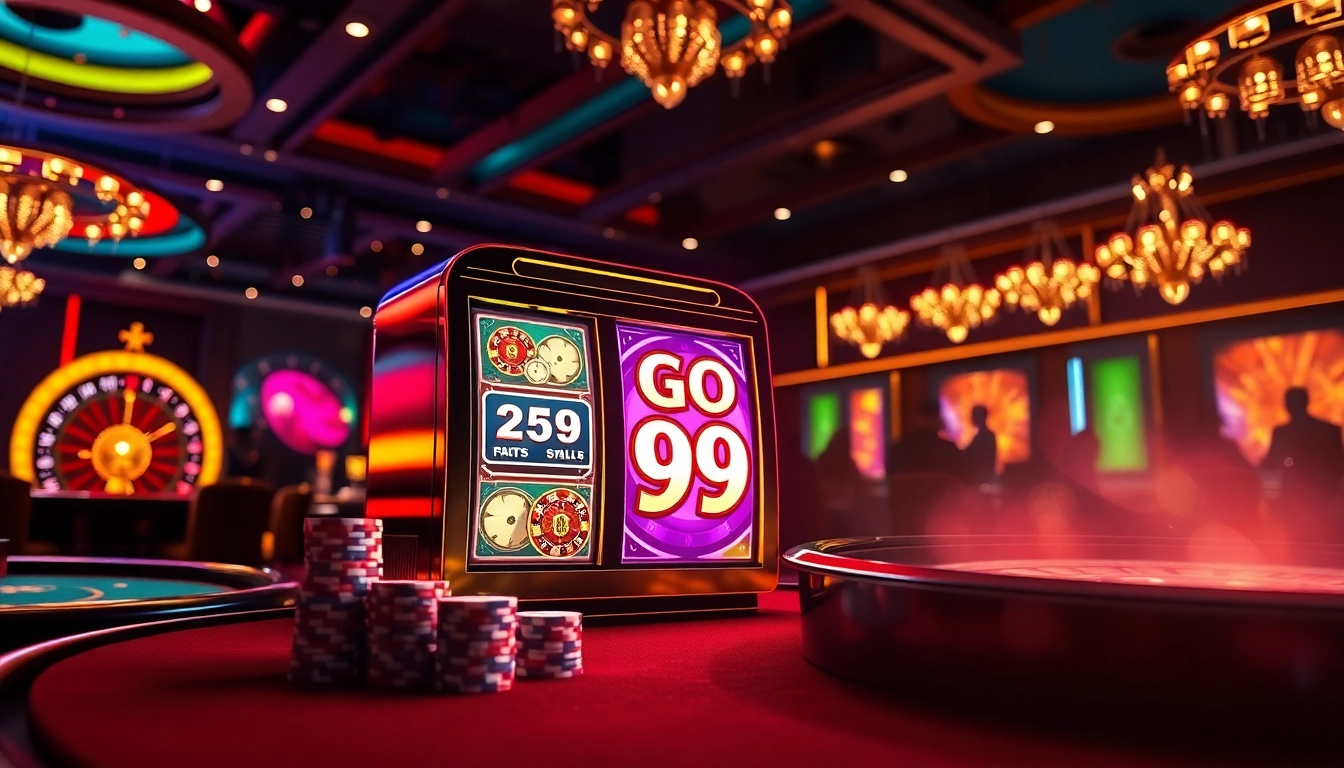 Experience thrilling gameplay with the Go 99 slot machine surrounded by poker chips and casino excitement.