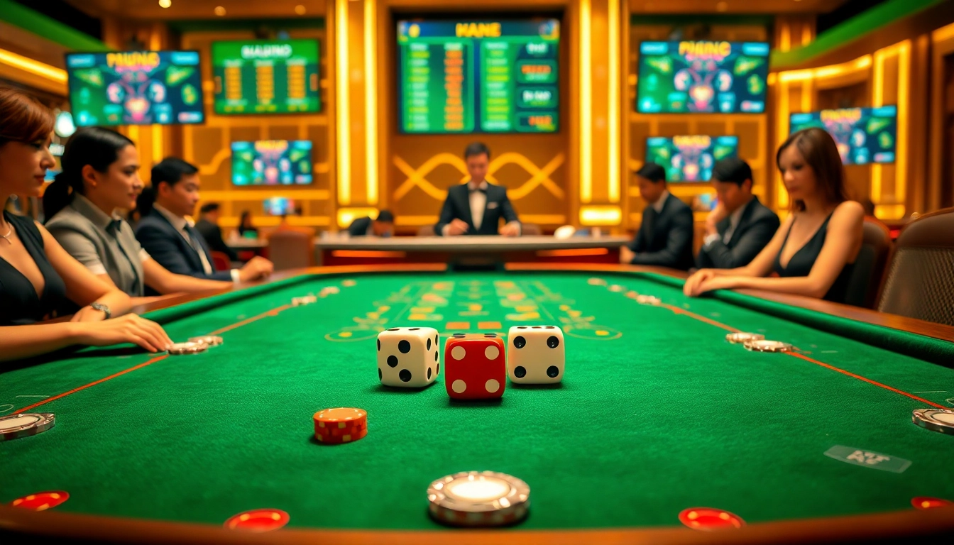 Players engage with the thrilling tài xỉu md5 game at a glamorous casino table filled with chips and dice.