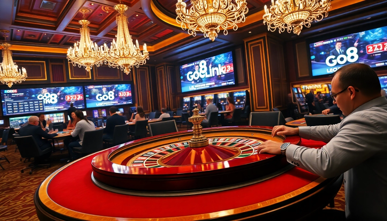 Experience the thrill of gaming with Go8 Link at an upscale casino, featuring vibrant roulette tables and eager players.