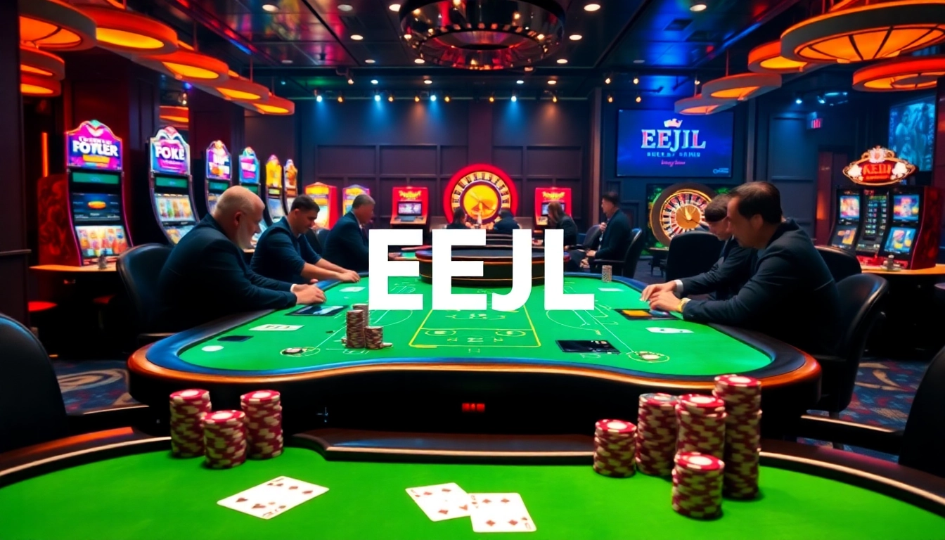 Engaging in an exciting poker game at EEJL's luxurious casino atmosphere filled with vibrant tables and chips.