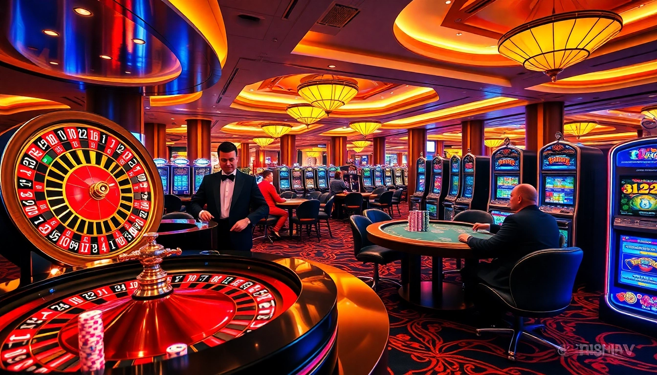 A thrilling casino scene featuring roulette, poker, and slot machines showcasing excitement related to https://u888hv.com/.