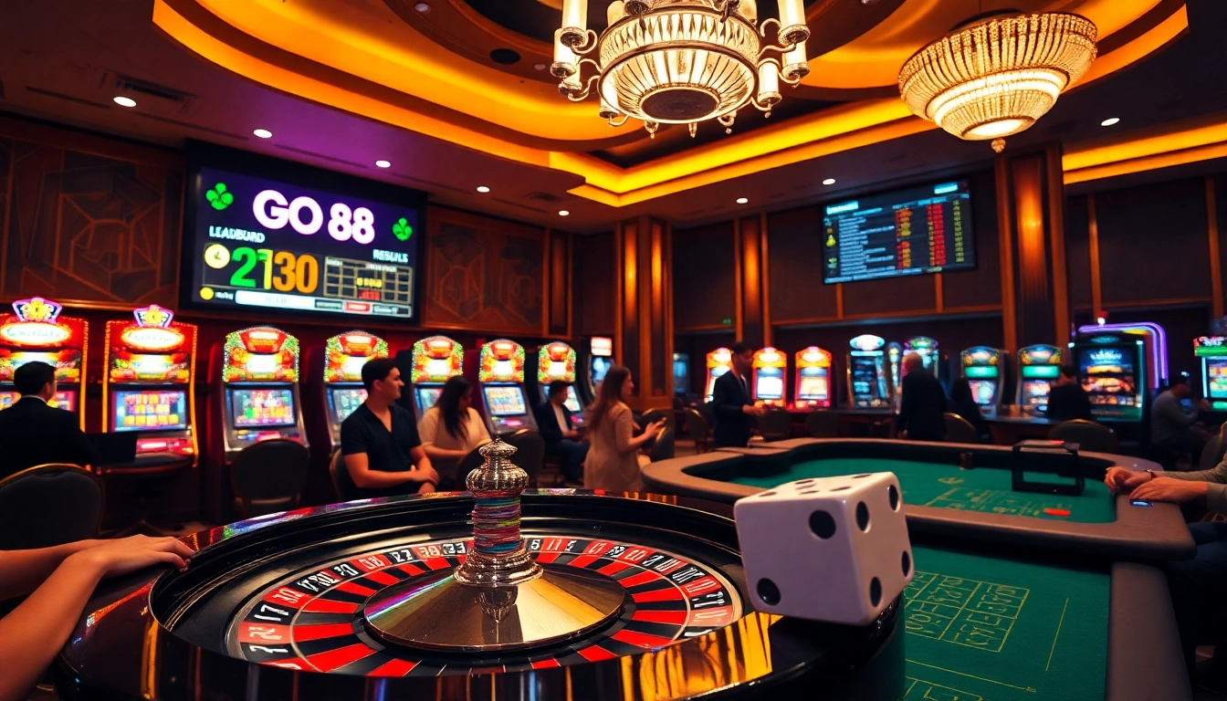 Go 88 leaderboard highlighted amid vibrant casino action featuring roulette and slot machines.