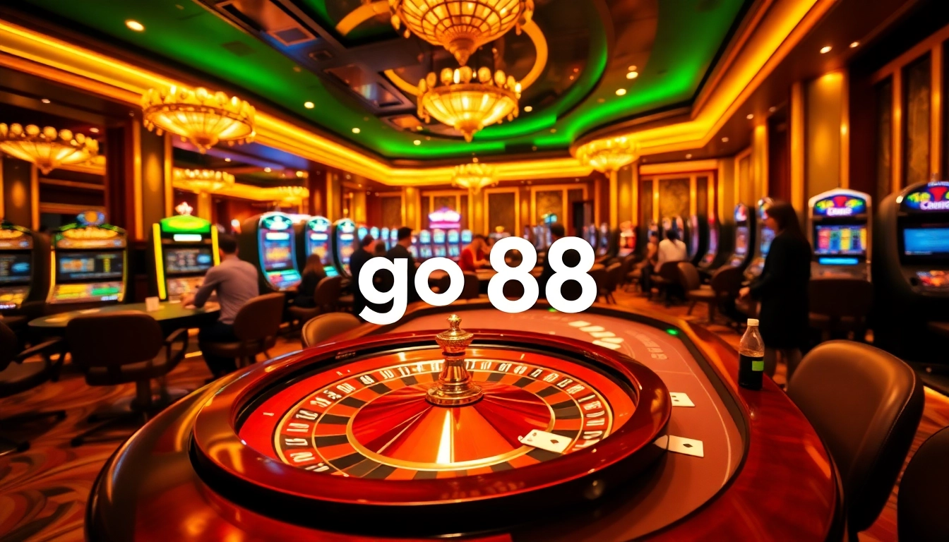 Experience excitement at the go 88 casino with players at tables and machines.